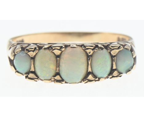 9ct gold and five opal ring, size P, gross weight 2.8 grams 