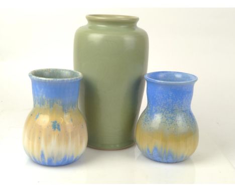 Two Ruskin blue glazed vases with impressed marks to base, one signed and dated 1931, height 15cm together with a Bullers Ltd