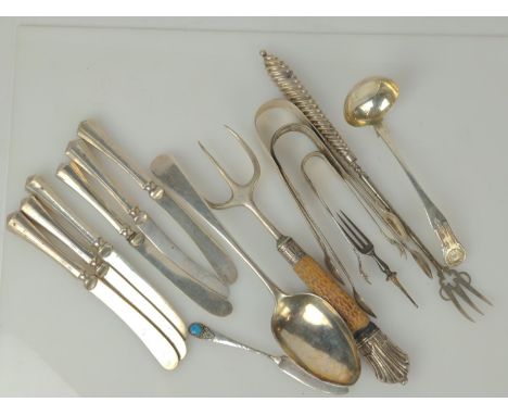 Collection of mixed silver flatware, various maker's and dates, including a Bernard Instone butter knife with bead set finial