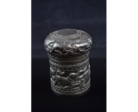 Indian white metal cylindrical tea caddy, embossed with various animals, unidentified mark to caddy rim, height 10cm, 144 gra