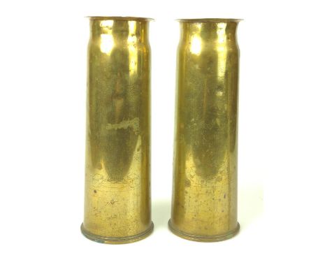 Pair of 1918 Trench art shell cases with fine etched oriental detail. H29cm (Base D10cm) 