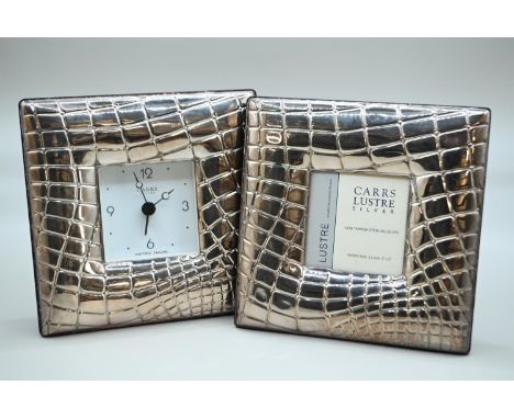 Silver framed quartz clock and matching photo frame, Carr's of Sheffield, Sheffield 2006-7, of crocodile leather design, 12.2