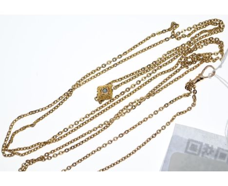 9ct gold double strand watch chain with textured gold opal set pendant, overall length of chain 61cm, gross weight 11.57 gram