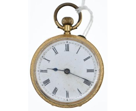 18ct gold cased open faced ladies pocket watch, engine turned engraving to back, dia. of face 32mm, gross weight 28.4 gramsin