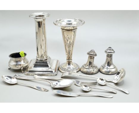 Collection of variously hallmarked silver, including a candlestick (weighted), vase (weighted), sauce ladle hallmarked Exeter