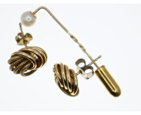 Pair of 9ct gold knot stud earrings (non-gold butterflies), gross weight 1.7 grams together with a yellow metal stick pin 