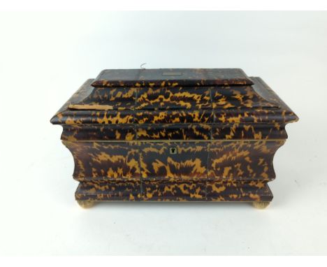 Late Georgian Tortoise shell Inlaid lift top tea caddy W30.5cm x D16cm x H19cm Areas of loss also around hinge area