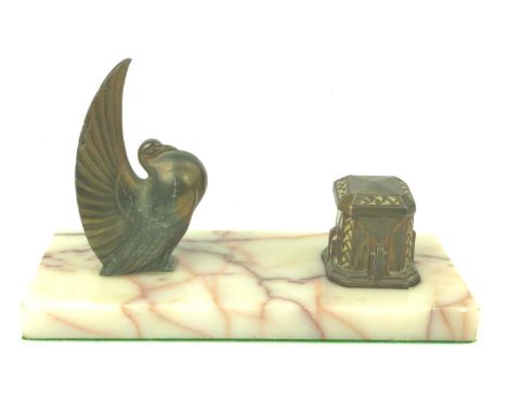 Art Deco brass inkwell with dove on marble base W23 x D10 x H14cm