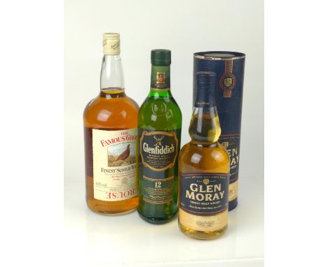3 x bottles of whisky Inc. Famous grouse finest scotch whiskey 1.5L, Glen Moray single malt whisky 70cl, Glenfiddich single m