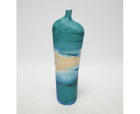 Studio Pottery - a tall narrow neck vase by Kirsti Hannah Brown 'seascape bottle', H27 impressed mark to base, 27cm