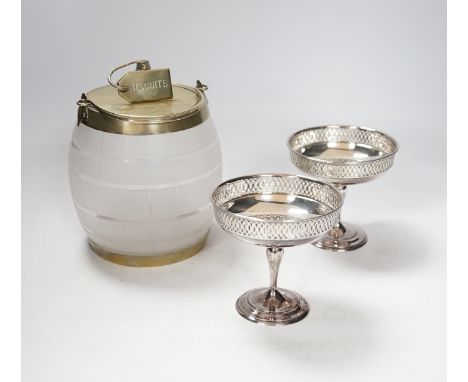 A vintage frosted glass 'BISCUIT' barrel with plated mounts, the cover with 'coiled rope' finial, impressed 'Whiteleys, Westb