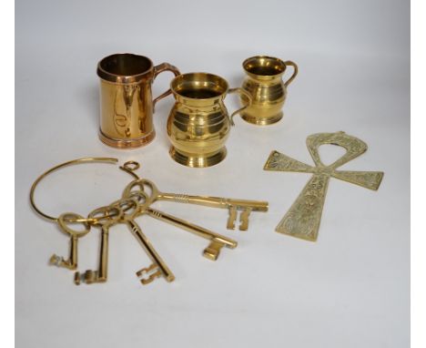 A Bells scotch whiskey table bell and Johnnie Walker copper advertising dish, old keys, graduated tankards, 18th/19th century