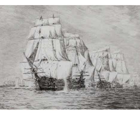 William Lionel Wyllie RA (1851-1931), pencil signed etching, 'Victory Breaking the Line at Trafalgar', 19cm x 15cm