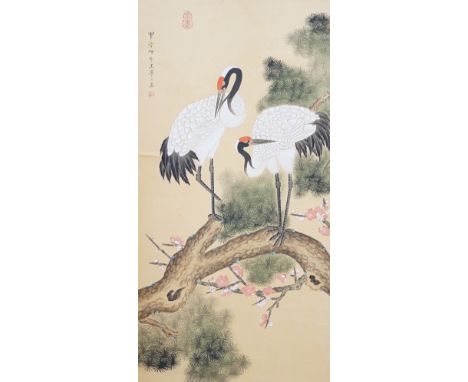 A 20th century Chinese hanging scroll watercolour on silk, two cranes on a pine tree, with brocade border, together with a bl