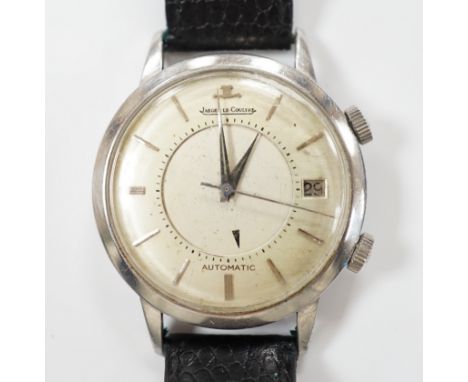 A gentleman's stainless steel Jaeger LeCoultre Memovox automatic 'oversize' wrist watch, with baton numerals and date apertur