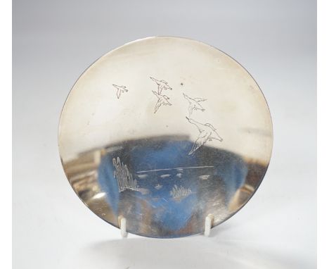 An Elizabeth II silver pedestal trinket bowl, engraved with ducks in flight, Mappin &amp; Webb, Sheffield 1964, 142 grams