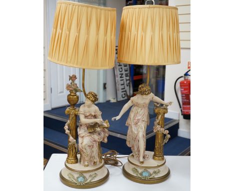 A pair of painted spelter figural table lamps, 82cm high including light fitting and shade