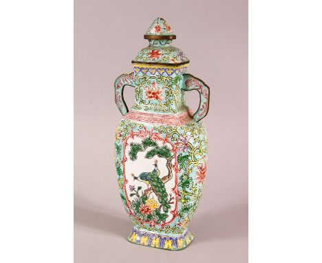 A GOOD CHINESE CANTON ENAMEL VASE &amp; COVER, with tin handles, the body decorated with a panel of peacocks and trees, with 