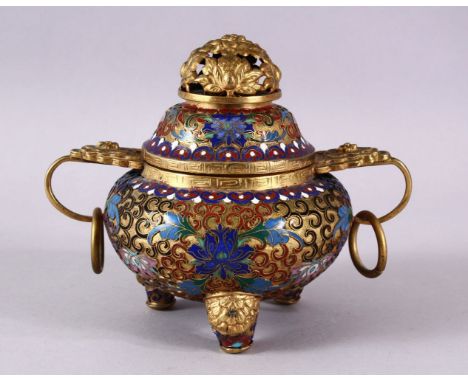 A CHINESE CLOISONNE TRIPLE FOOT CENSER &amp; COVER, with raised enamel decoration of lotus, triple feet and twin handles with