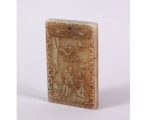 A CHINESE CARVED JADE IMMORTAL PENDANT, one side depicting three immortals in a landscape amongst cloud, the verso with calli