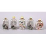A MIXED LOT OF 5 CHINESE REVERSE PAINTED SNUFF BOTTLES, each with decoration of birds in landscape