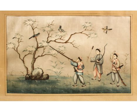 A CHINESE PAINTING ON SILK, depicting three figures hunting birds, framed 43.5cm x 32cm