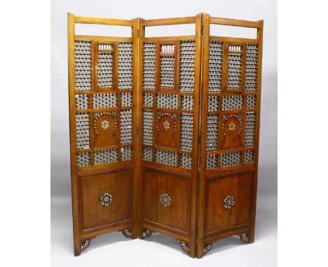 A LARGE ISLAMIC TURKISH OR SYRIAN CARVED WOOD AND INLAID  MOTHER OF PEARL &amp; IVORY ROOM DIVIDING SCREEN, with panels of ca