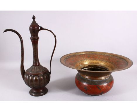 A 19TH / 20TH CENTURY INDIAN / QAJAR EWER &amp; BASIN, the ewer with a carved body of flora, 44cm high , the basin with red a