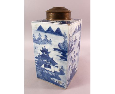 A LARGE CHINESE 18TH / 19TH CENTURY CHINESE BLUE &amp; WHITE CADDY, decorated with landscape views, with a later letal cover,