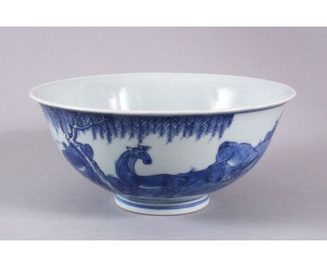 A CHINESE QIANLONG PERIOD BLUE &amp; WHITE PORCELAIN EIGHT HORSES BOWL, the bowl decorated with the scenes of the eight famou