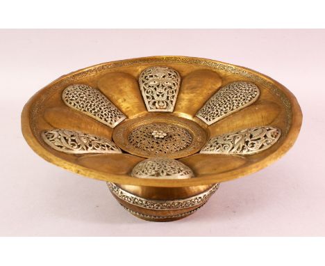 AN INDIAN SILVER INLAID BRASS BASIN, with pierced removable cover, 31cm diameter.
