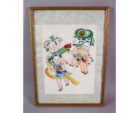 A CHINESE PICTURE of children playing, 32cm x 33cm.