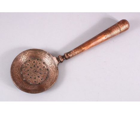 AN 18TH / 19TH CENTURY PERISAN COPPER LADLE / STRAINER, with calligraphic band decoration, 38cm
