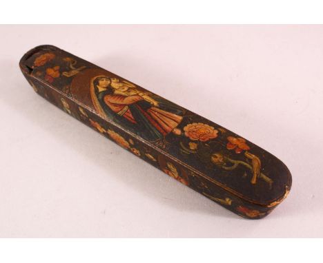 A PERSIAN QAJAR LACQUERED PEN BOX containing the brass inkwell, 23cm long.