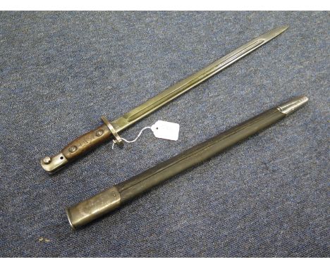 Bayonet: A Pattern 1907 SMLE bayonet by Sanderson dated 1918 with its steel mounted leather scabbard with teardrop stud. Soun