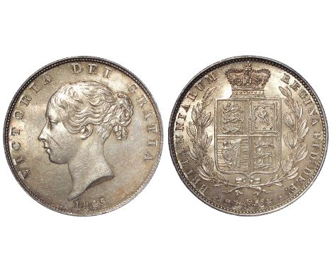 Halfcrown 1845 lightly toned AU, haymark on portrait.