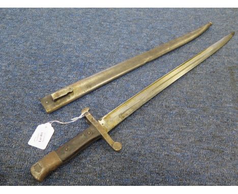 Bayonet: A Portuguese Model 1886 sword bayonet for the Kropashek Rifle in its steel scabbard. In grubby but decent condition.