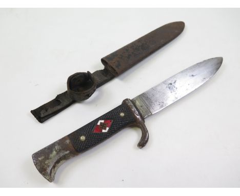 German WW2 Hitler Youth dagger with metal scabbard and leather strap. Blade maker marked 'RZM JYC/29 - 1938'. And also stampe