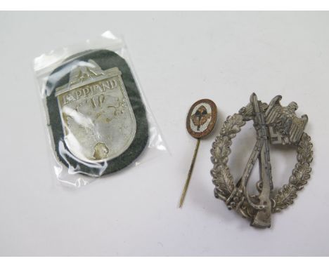 German Nazi items inc Infantry Assault Badge, RAD enamel stick pin, and a Lapland shield (3)