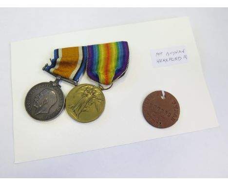 BWM & Victory Medal to 237352 Pte T S Guyman Hereford R. With original ID Tag. VF (2+1) Rare