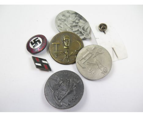 German WW2 Party enamel lapel badge, an SA stickpin and Diamond shaped youth ? 4x other Nazi Badges. GVF