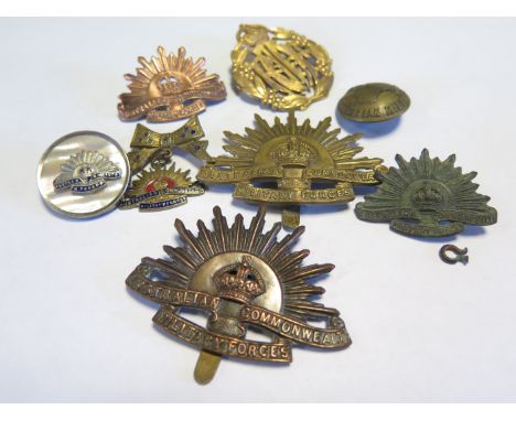 Australian military Cap Badges x, collars x2 (one a/f), RAAF gilt cap badge converted to a pin mount, button, and 2x sweethea
