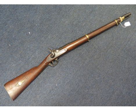 Musket - an Indian percussion carbine. Barrel 26" with rear sight. Walnut stock with patchbox (inserted recently?) Plain lock