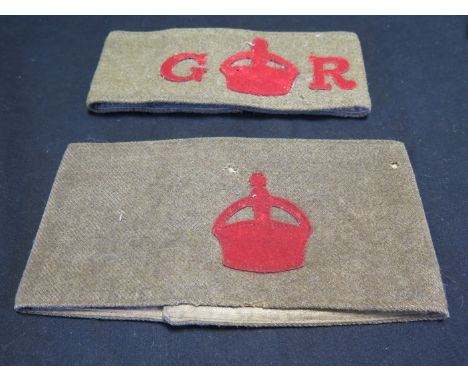 WW1 original Lord Derby Scheme armband with various stamps, plus another 'G R' armband. Both originals (2)