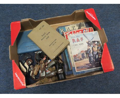 RAF WW2 related items including throat mikes, cockpit lamp 1924 and 1942 pocket manuals aircrew wings booklets etc.  