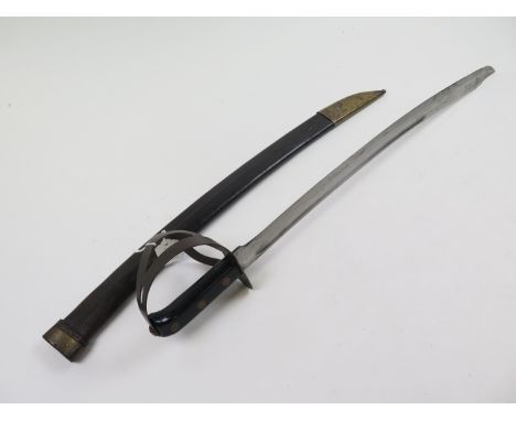 Sword - A good Dutch 'KLEEWANG' curved blade 25" with clipped back tip. In its leather scabbard marked 'CW' over 'N' over '2.