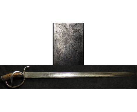 Sword: A late 18th century Hunting Hanger. Two bar guard marked 'KOHL' (sword maker Stultgart from 1793). Steel guard with qu