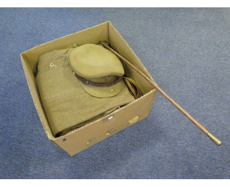 Militaria - large mixed lot in a box, inc belts, clothing, REME Cap, trench art, swagger stick, etc (qty) Buyer collects