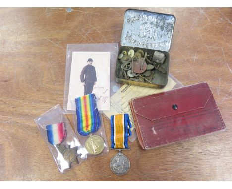 1915 Trio with SWB ID tag discharge and service documents. Hospital kit label with small tin containing shrapnel, badges, but