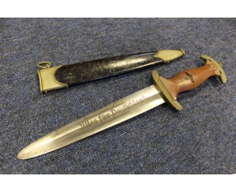 German SA Dagger with black metal scabbard, blade maker marked ''CARL SCHMIDT SOHN A.G. SOLINGEN'. Nazi plaques removed from 